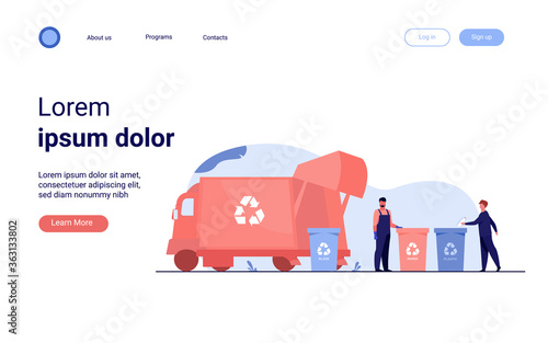 Garbage collector cleaning waste bin flat vector illustration. Cartoon man putting rubbish for recycling. Service and disposal industry concept.