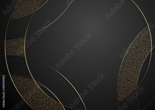 Gold and Black Abstract Luxury Background with Decorative Curved Lines and Halftone Pattern, Vector Illustration