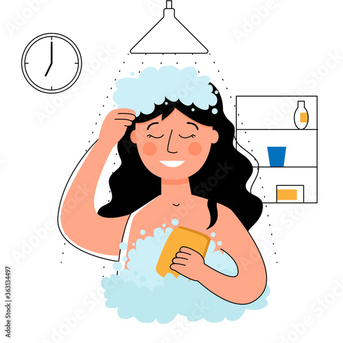 A woman takes a shower in his bathroom. Morning hygiene. 