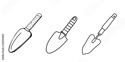 Collection of Garden shovels isolated on a white background.Shovel for earthworks. a tool for digging and transplanting plants.Vector illustration in Doodle style. Gardening 