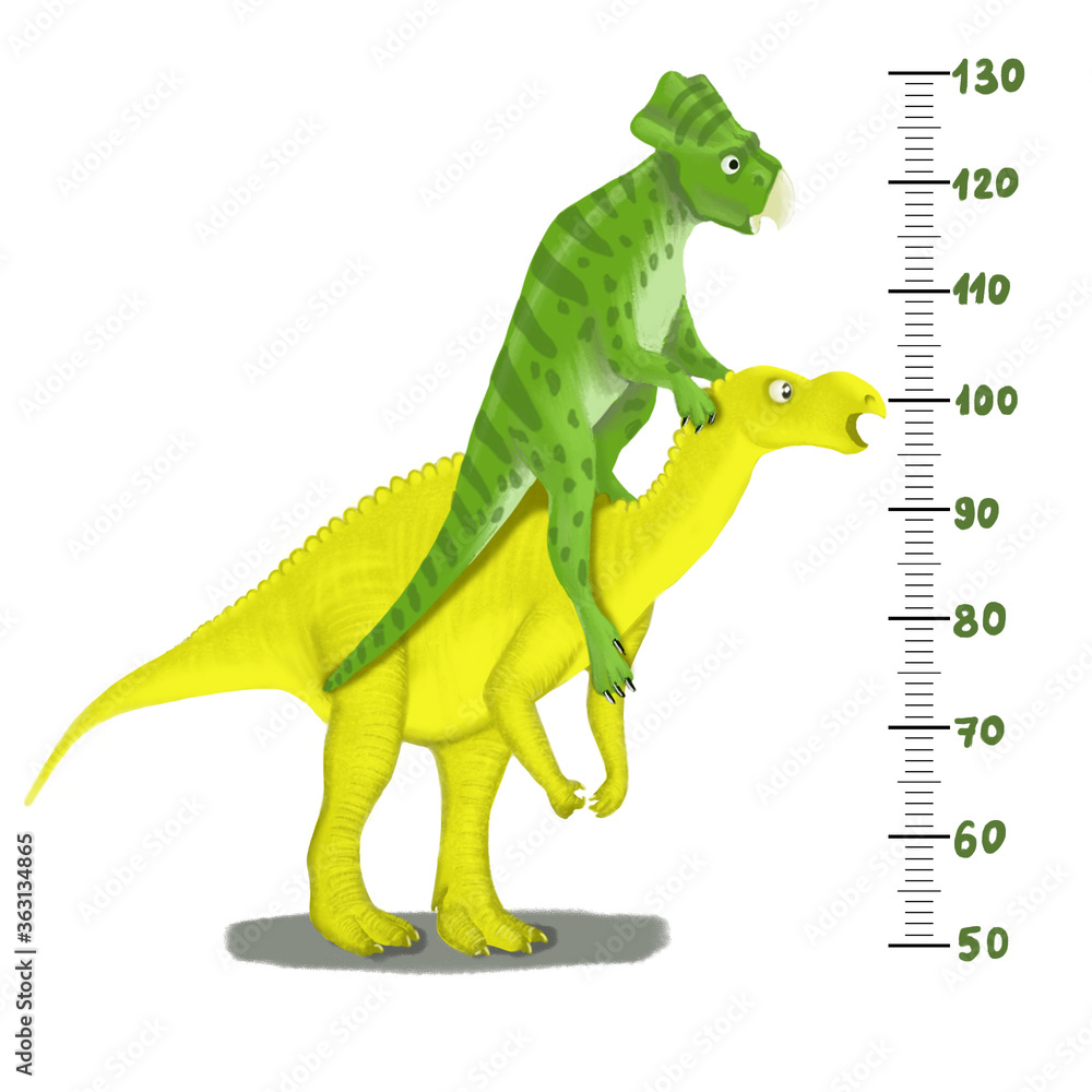 Fototapeta premium Kids height chart with funny dinosaurs. Illustration in flat style for children growth measure, gift for baby birth, shower. Childish meter wall for nursery design with cute dino.