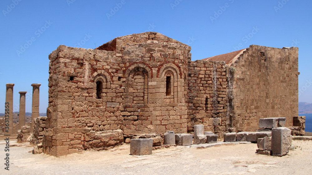 Lindos, the Acropolis, ruins of Saint John church. Lindos, Rhodes, Greece