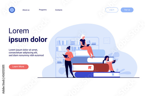 Book readers concept. People sitting on stack of books in library, women reading textbooks at home, students doing homework research. Flat vector illustration for knowledge, literature topics