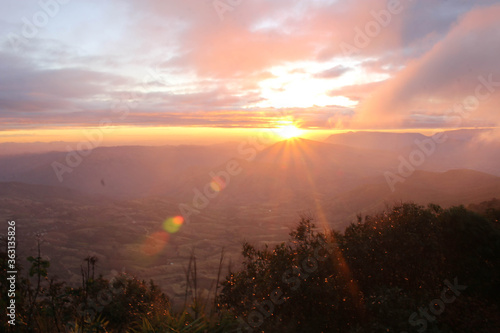 
Sunrise in the new year Located in Phu Ruea, Loei Province, Thailand. The weather is cold, cloudy and very beautiful. photo