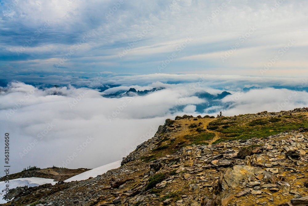 The panorama point at Mount Rainier National Park, with cloud covering the mountains.