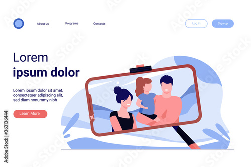 Family selfie photo on phone screen. Parents and kid using smartphone and monopod for taking self portrait outdoors. Vector illustration for leisure, camera, technology concept