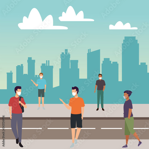 group of interracial men wearing medical masks on the road