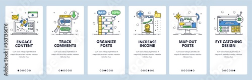 Content engagement. Mobile app onboarding screens, vector website banner template