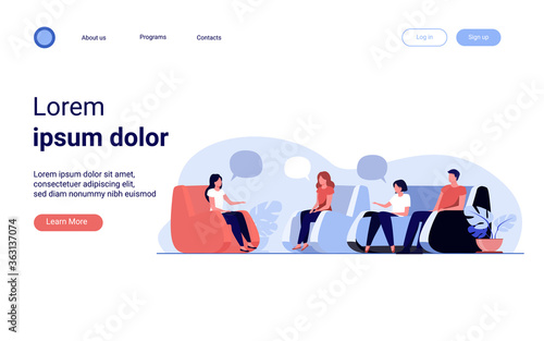 Group therapy and support concept. People meeting together to discuss addiction problem with psychologist. Flat vector illustration for counselling and help topics