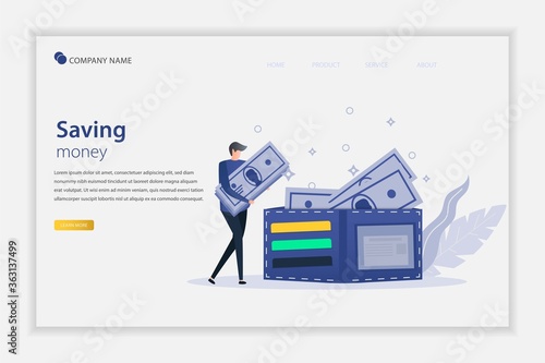 Illustration vector of saving money concept with People standing in the wallet. Business and finance, saving money theme. Career, salary, earnings profit. Good for landing page, flyer, poster, banner.