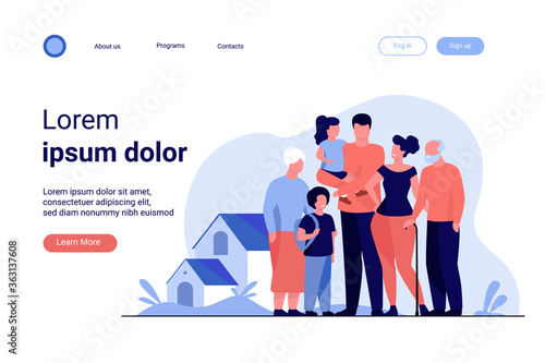 Big family meeting. Couple with senior parents and two kids standing together at suburban house. Vector illustration for love, togetherness, lifestyle concept