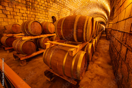 Oak barrels in wine cellars  Changli County  Hebei Province  China