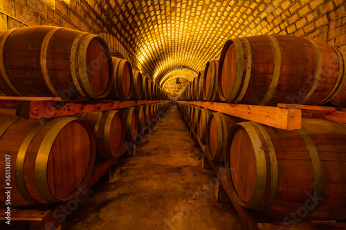 Oak barrels in wine cellars  Changli County  Hebei Province  China