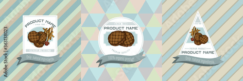 Three colored labels with illustration of grilled burger patties