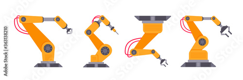Robotic arm set flat style design vector illustration isolated on white background. Robot arms or hands. Industrial manipulator. Modern smart factory industry 4.0 technology manufacturing