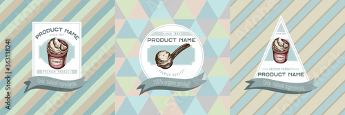 Three colored labels with illustration of ice cream bucket, ice cream scoop, ice cream balls