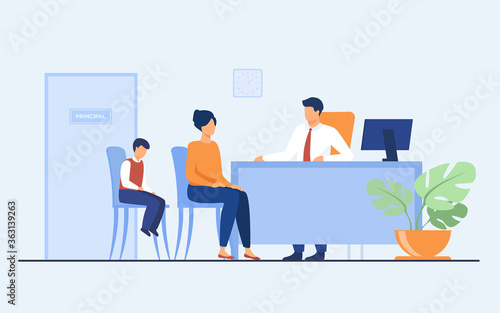 Children behavior problems concept. Mom and son visiting school principal office. Pupil feeling guilty while his mother talking to headmaster. Illustration for family troubles or education topics photo