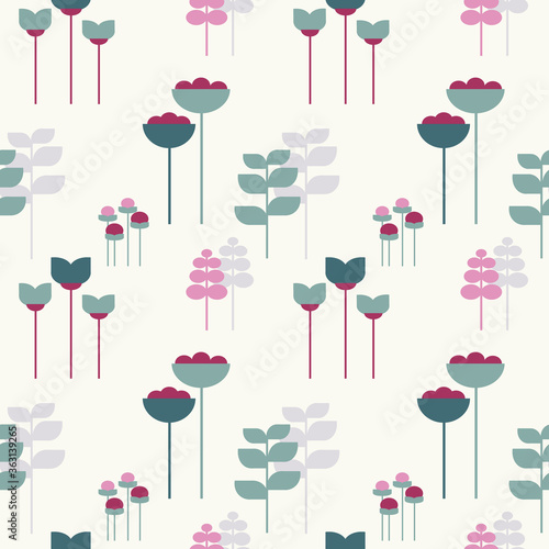 Seamless pattern with floral theme on simple colour palette and unique shapes