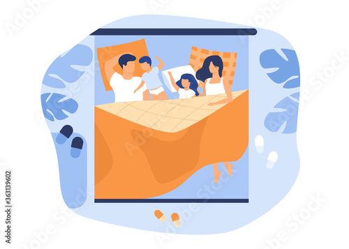 Couple of parents and two children sleeping in double bed. Mom and dad hugging cute asleep kids. Vector illustration for love, family weekend, taking nap concept