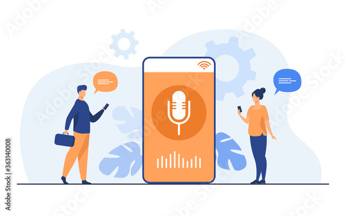 People using voice assistant app on smartphone with speaker on screen. Vector illustration for sound technology, ai, smart interface, soft ware development concept