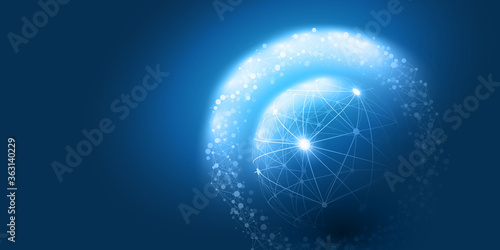 Abstract Blue Minimal Style Cloud Computing, Networks Structure, Telecommunications Concept Design, Network Connections, Transparent Geometric Mesh, Wire Frame Globe - Vector Illustration
