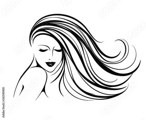 Hair salon and beauty studio illustration.Beautiful woman with long, wavy hairstyle and elegant makeup.Cosmetics and spa icon.Cute young lady portrait.Smiling pretty face.