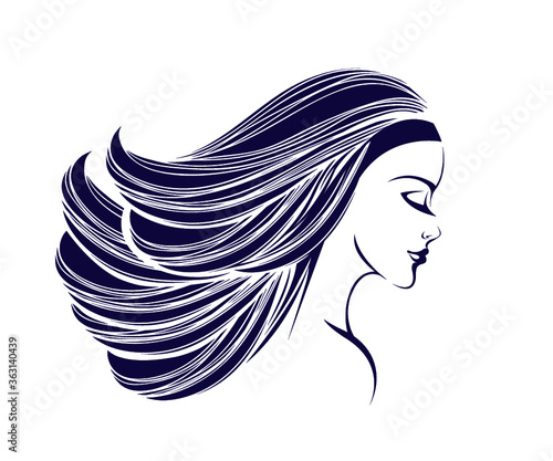 Hair salon and beauty studio illustration.Beautiful woman with long, wavy hairstyle and elegant makeup.Cosmetics and spa icon.Cute young lady portrait.Profile view face.