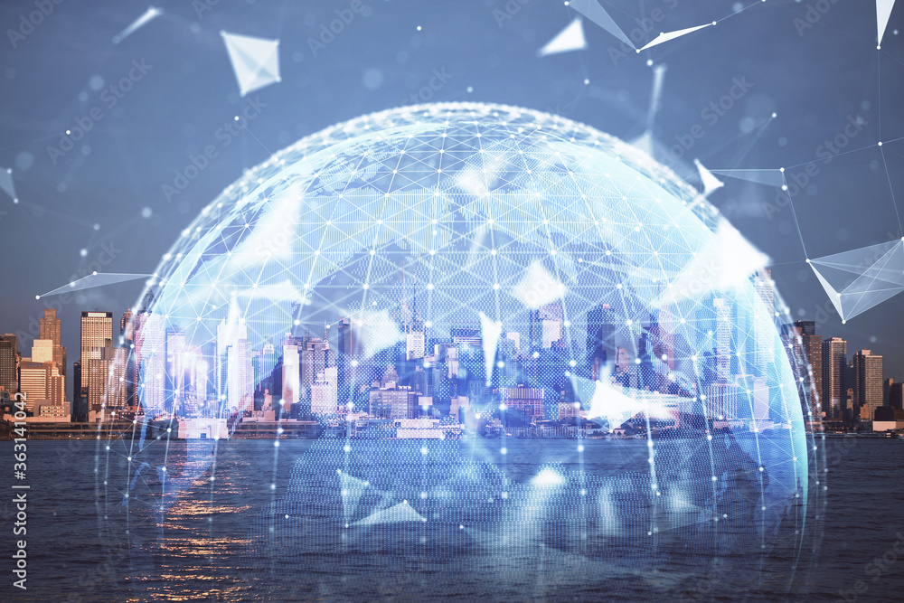 Double exposure of business theme hologram drawing and city veiw background. Concept of success.