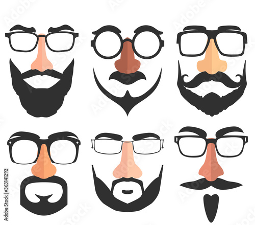 Disguise mask, glasses, nose, eyebrows, mustache and beard. Vector illustrations.