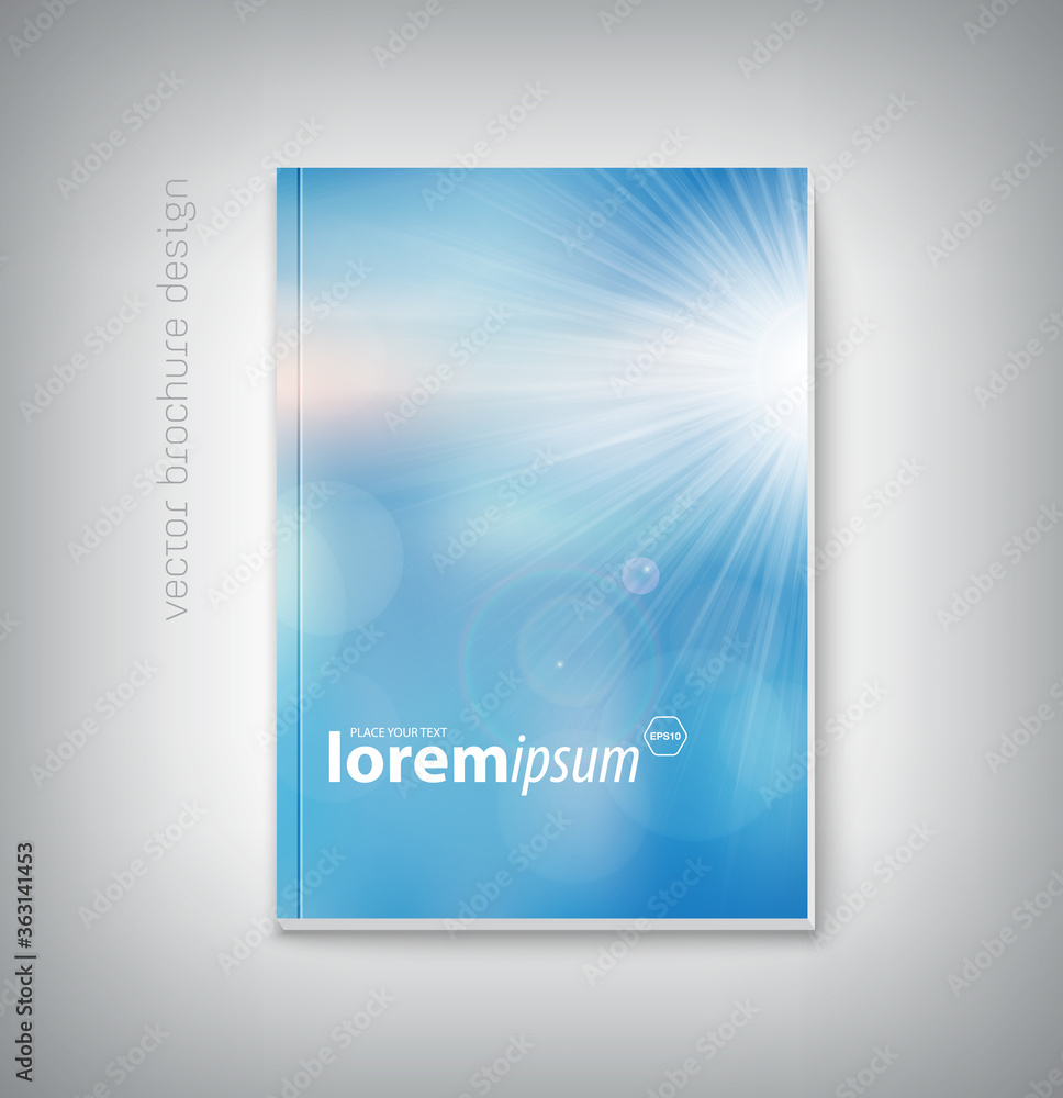 vector brochure cover design, book, poster, flyer, banner, booklet template, with soft blurry bokeh background and shining sun 