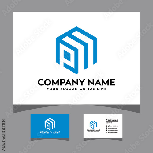 initials pm hexagon logo with a business card vector