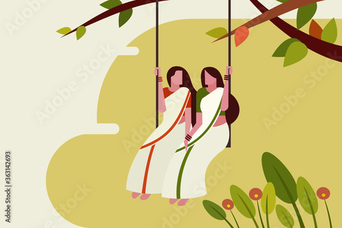 Women wearing traditional sari swinging in outdoor. Concept of Onam festival in Kerala, India