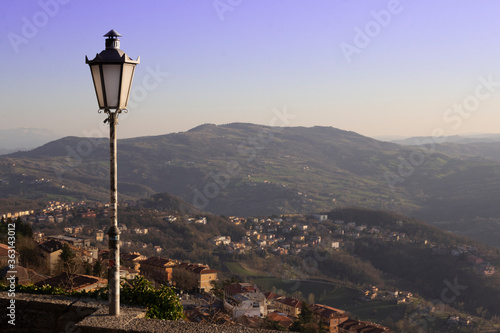 Amazing panoramic views from San Marino, Italy castle hill. Backgrounds photo