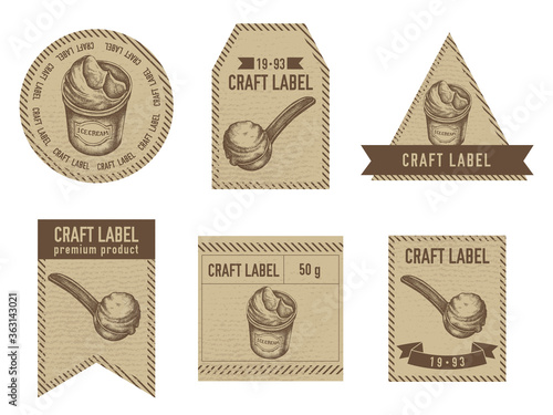 Craft labels vintage design with illustration of ice cream bucket, ice cream scoop, ice cream balls