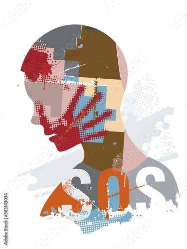  SOS Violence, suffering, desperate man.
 Human head silhouette with hand print on the face symbolizing violence in the world. Vector available.