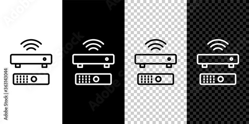 Set line Wireless multimedia and TV box receiver and player with remote controller icon isolated on black and white background. Vector.