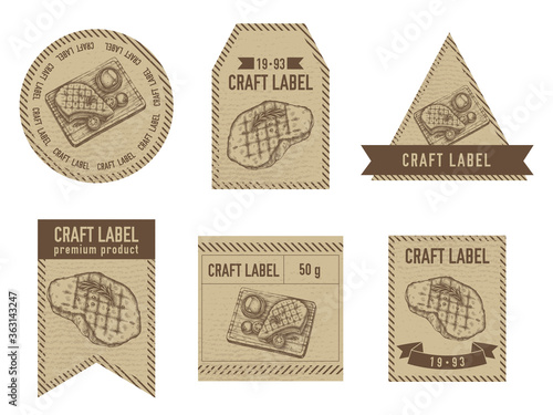Craft labels vintage design with illustration of steak