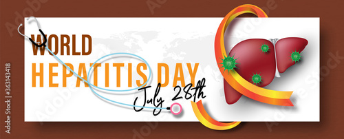 Stethoscope with a campaign ribbon on a human liver, symbols of virus and wording of World Hepatitis Day, on world map and white, brown background. Poster's campaign in banner vector design.
