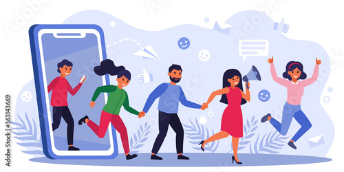 Customers earning money by giving likes, sharing information about referrals. People with thumbs up shouting at megaphone. Vector illustration for refer a friend, marketing, loyalty concept.