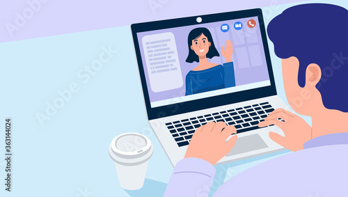 Video conferencing at home, Close-up man having video call meeting with friend at home. Vector