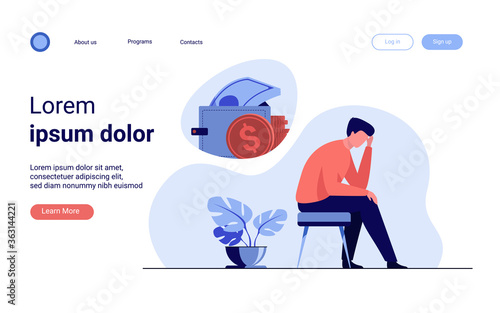 Depressed sad man thinking over financial problems and debts. Businessman broke, needing money, having unpaid loan. Vector illustration for bankruptcy, loss, crisis, trouble concept