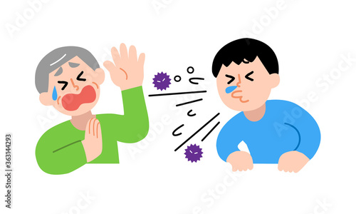 くしゃみする男性と嫌がるシニア男性