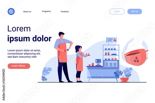 Baristas in coffee shop. Man and woman in aprons making coffee, offering takeaway cup at stand with machine and dessert. Vector illustration for coffee station, food and drink, cafe concept