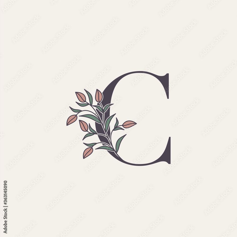 Ornate Initial Letter C logo icon, vector alphabet with flower and natural leaf designs Ornate Initial Letter C logo icon, vector alphabet with flower and natural leaf designs