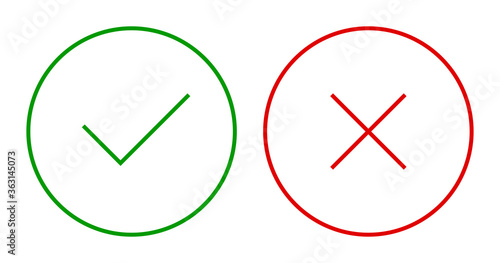 Set of round check and X mark thin line icons, buttons. Tick and cross symbols isolated on a white background. EPS10 vector file