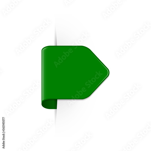 Short curved green bookmark arrow with shadow and copy space isolated on a white background. EPS10 vector file