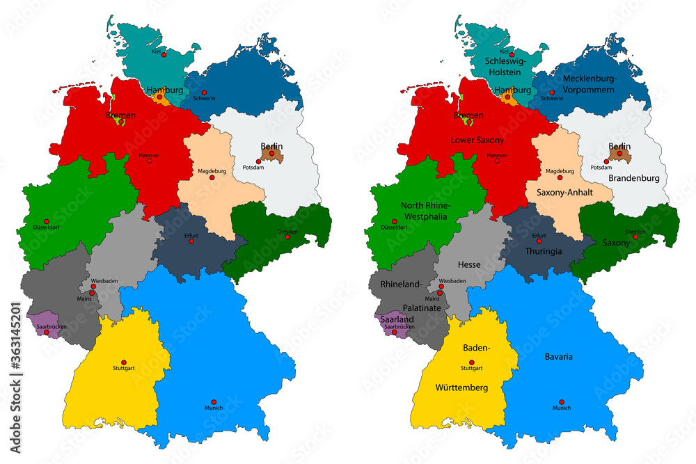 Obraz premium Set of colorful detailed maps of Germany with individual Federal States and their names and capitals isolated on a white background. EPS10 vector file