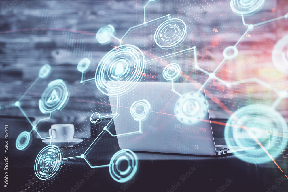 Computer on desktop with social network hologram. Double exposure. Concept of international people connections. Computer on desktop with social network hologram. Double exposure. Concept of international people connections.