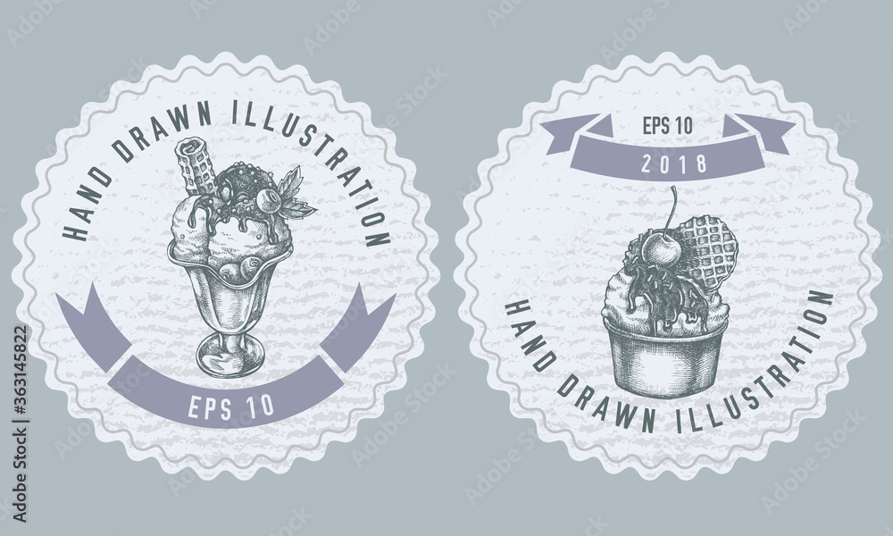 Monochrome labels design with illustration of ice cream bowls