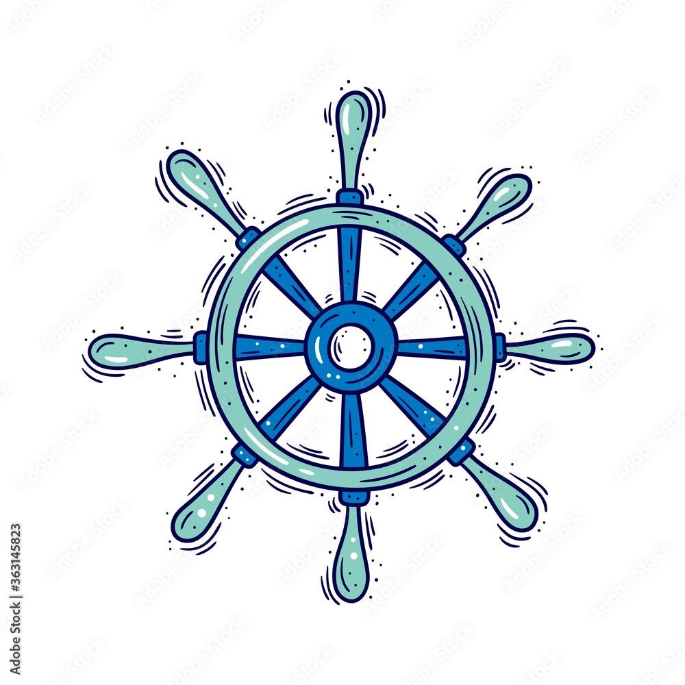 Fototapeta premium Vector illustration of a boat handwheel, hand drawn doodle icon, isolated